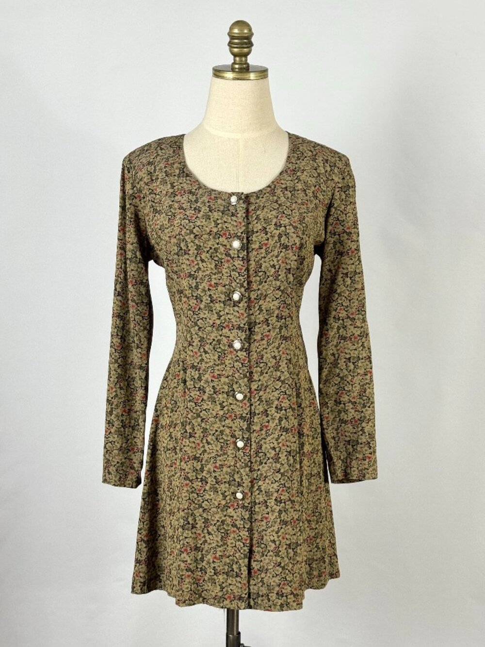 Vtg 90s Floral Button Front Skater Dress Brown Olive Green Grunge Fall Autumnal